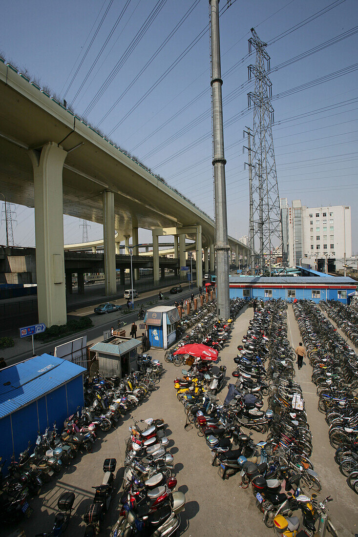 Gaojia motorway,Gaojia, elevated highway system, bridge, Expressway, guarded bicycle parking lot, high voltage powerlines