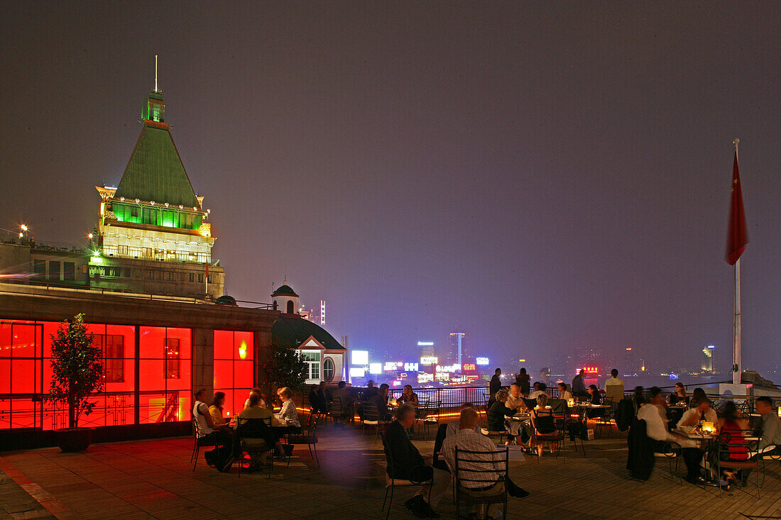 Bar Red, Bar Rouge,Luxury bar in 18, Design Bar, view of Pudong skyline, roof terrace, Peace Hotel in the back ground