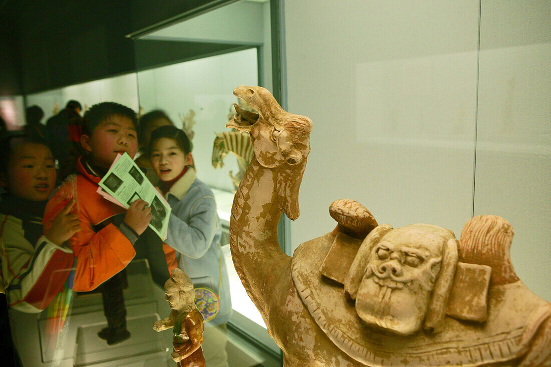 interior,kids study ancient ceramic sculpture of camel, am People's Square, Renmin Dadao, Chinas, exhibitions, Ancient Chinese Bronzes Gallery, Ancient Chinese Sculpture, Ceramics, painting, calligraphy, jade gallery, coin, ming furniture