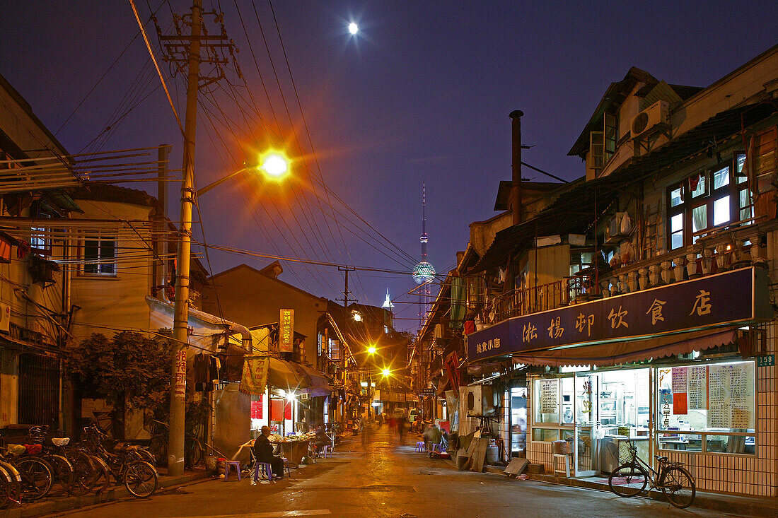 Hongkou quarter Shanghai, street, highrise, bicycle, street, Shops, Pudong, skyline, Pearl Orient, street light, street lamp, moon