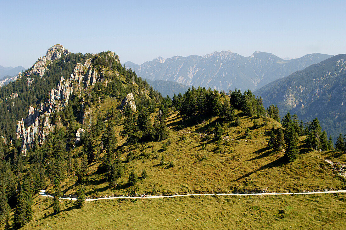 Idyllic mountain scenery in the sunlight, Upper Bavaria, Germany