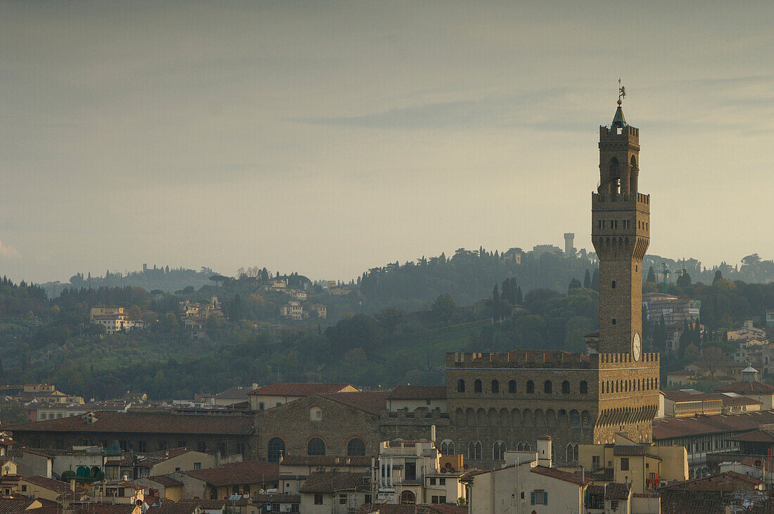 Blick über Häuser und Paläste in der Abenddämmerung, Florenz, Italien