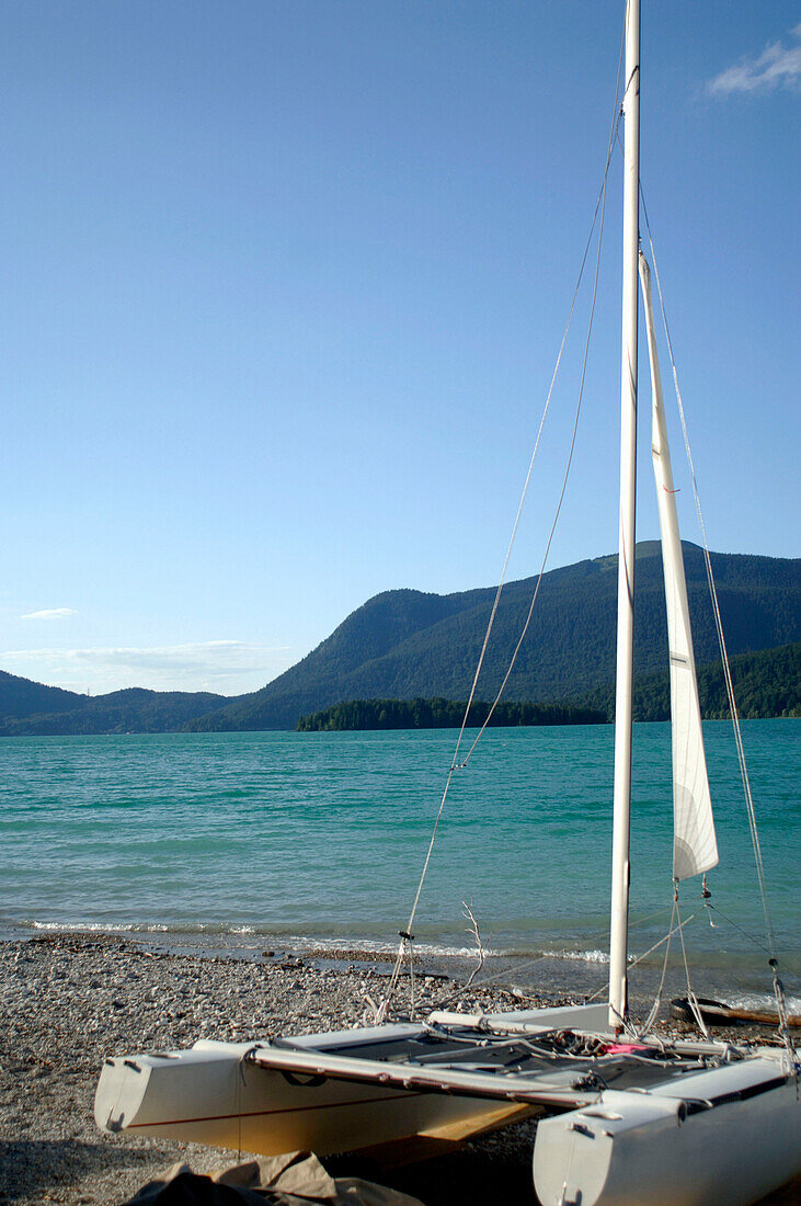 Catamaran at beach of Walchensee, Bavaria, Germany