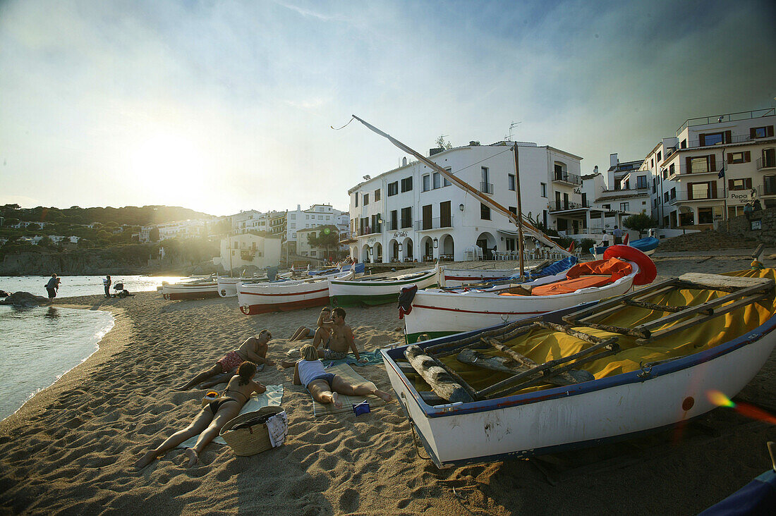 Costa Brava,People bathing on the beach at Callela, Costa Brava, Catalonia Spain
