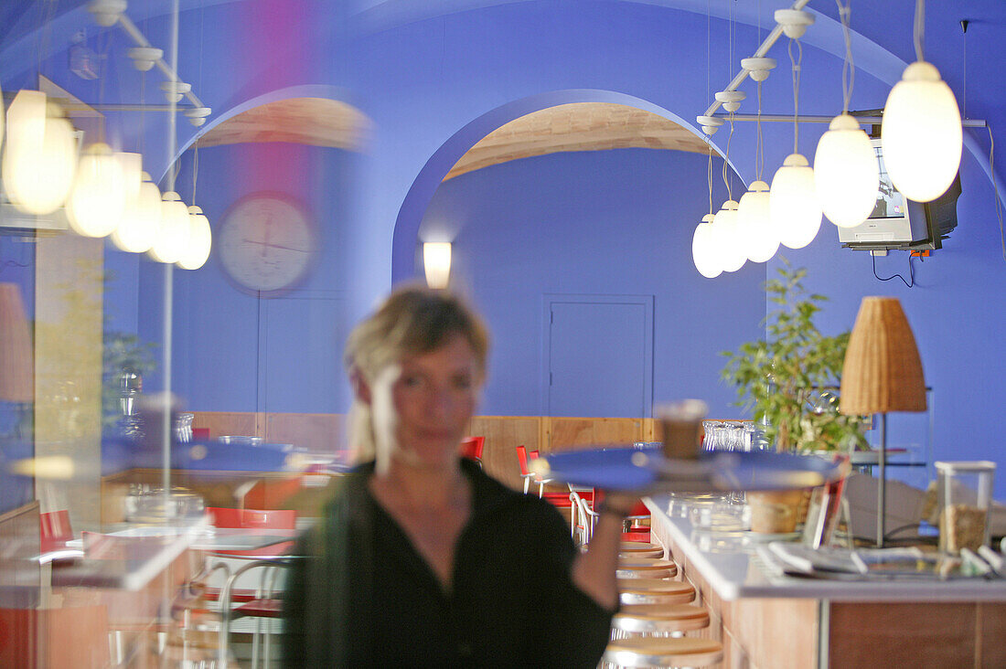 Costa Brava,Waitress, Coffee, Hotel de la Moneda, Castello d´Empuries,   Costa Brava, Catalonia Spain