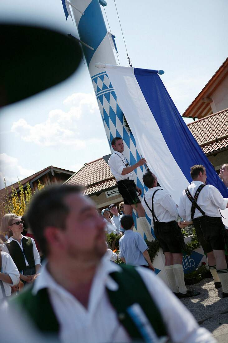 Boys in traditional bavarian clothes at the celebration of 1st May, Muensing, Bavaria, Germany