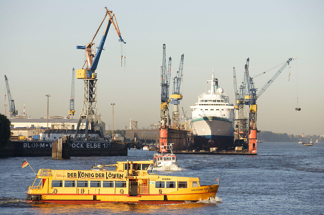 Cruise ship MS Albatros, shipyard Blohm and Voss, barge on river Elbe, harbour, port, Hamburg