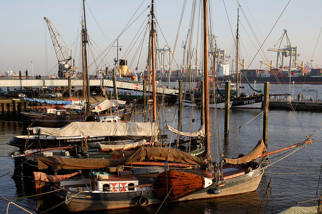 Museum port near the old navigators and mariners village of Ovelgonne, Today, many sailing boats like the Fire Service Boat Elbe 3 1888, the Steamship Otto Laufer, the Icebreaker Stettin 1933, and two steam trawlers