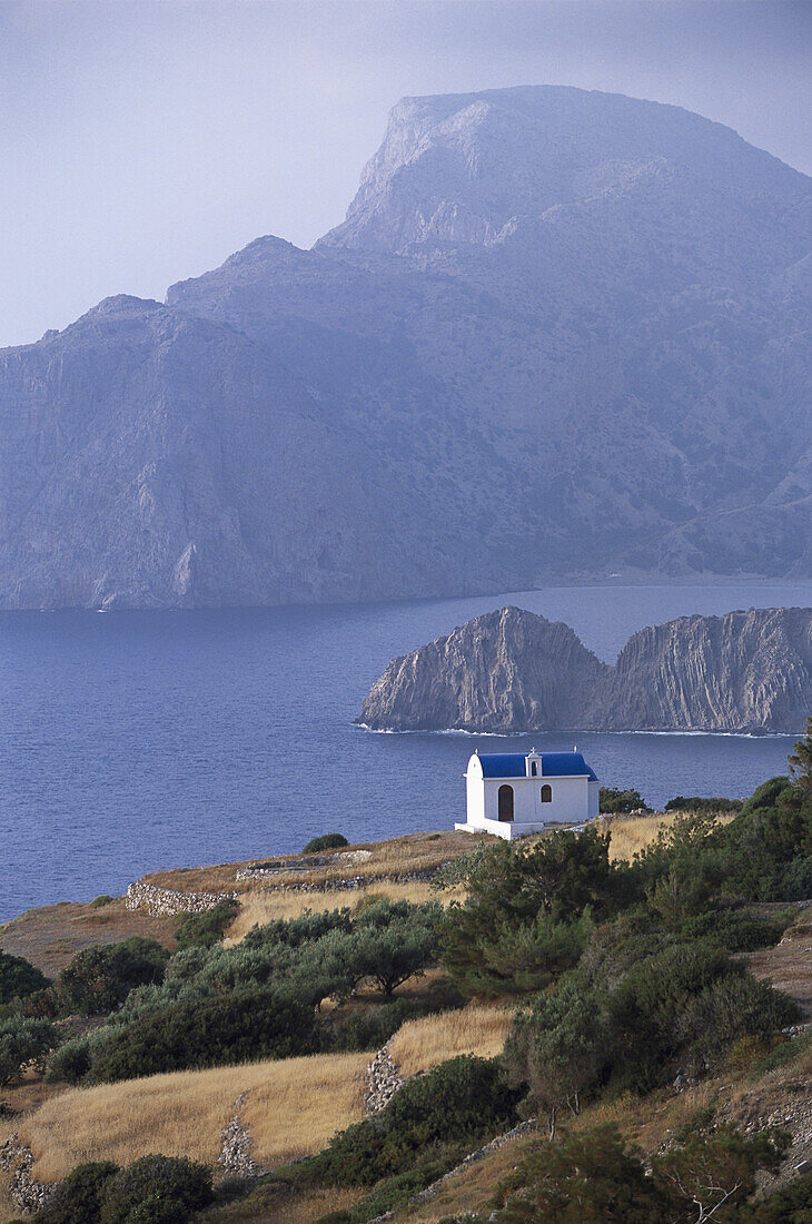 Chapel and coast near Mesohori, Karpathos, Dodecanese, Greece