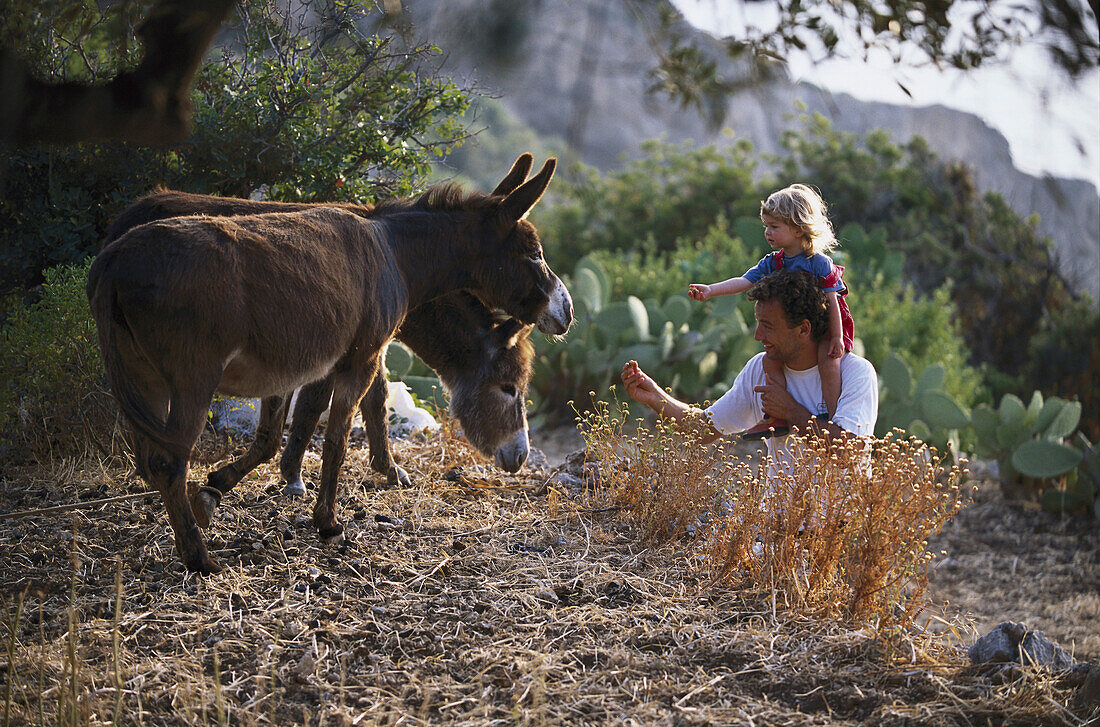 Father and little daughter feeding donkey´s, Karpathos, Dodecanese Islands, Greece