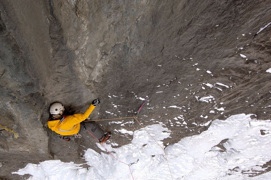 Male ice climber, Mixed Climbing, Terminator wall, British Columbia, Canada