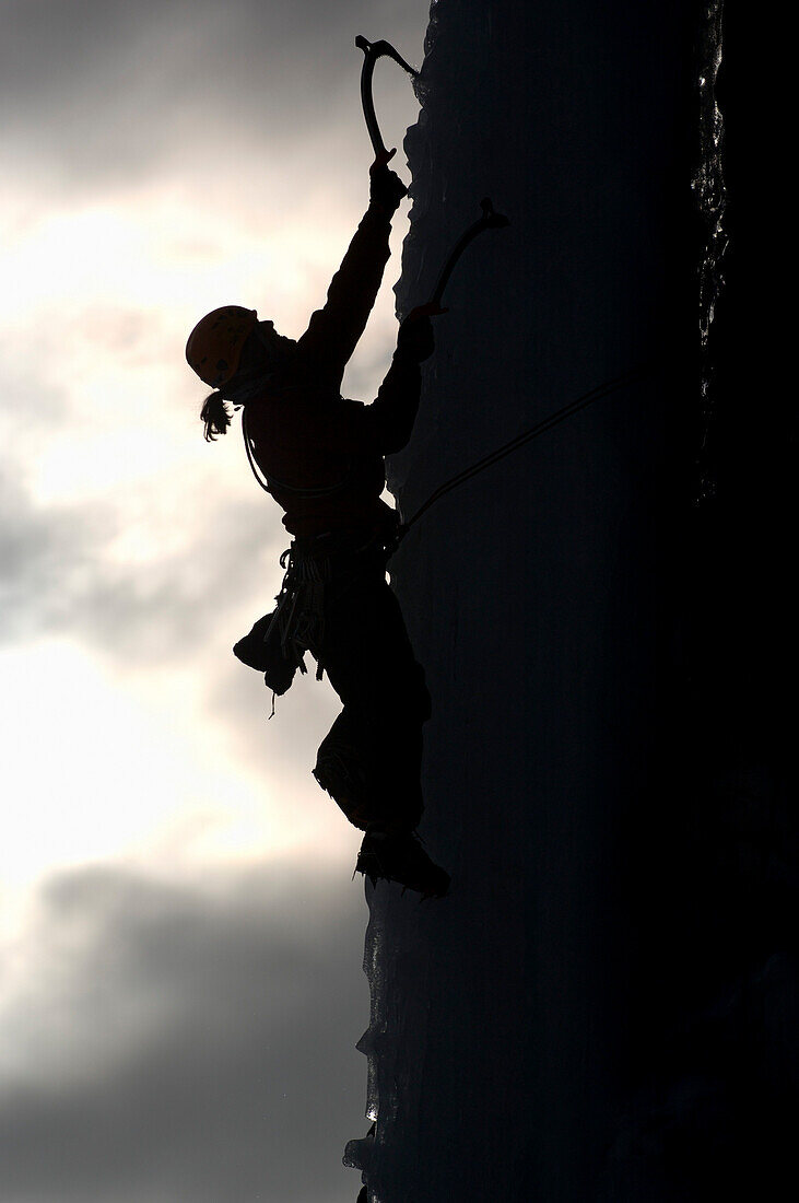 Man ice climbing, Stanley Headwall, British Colombia, Canada