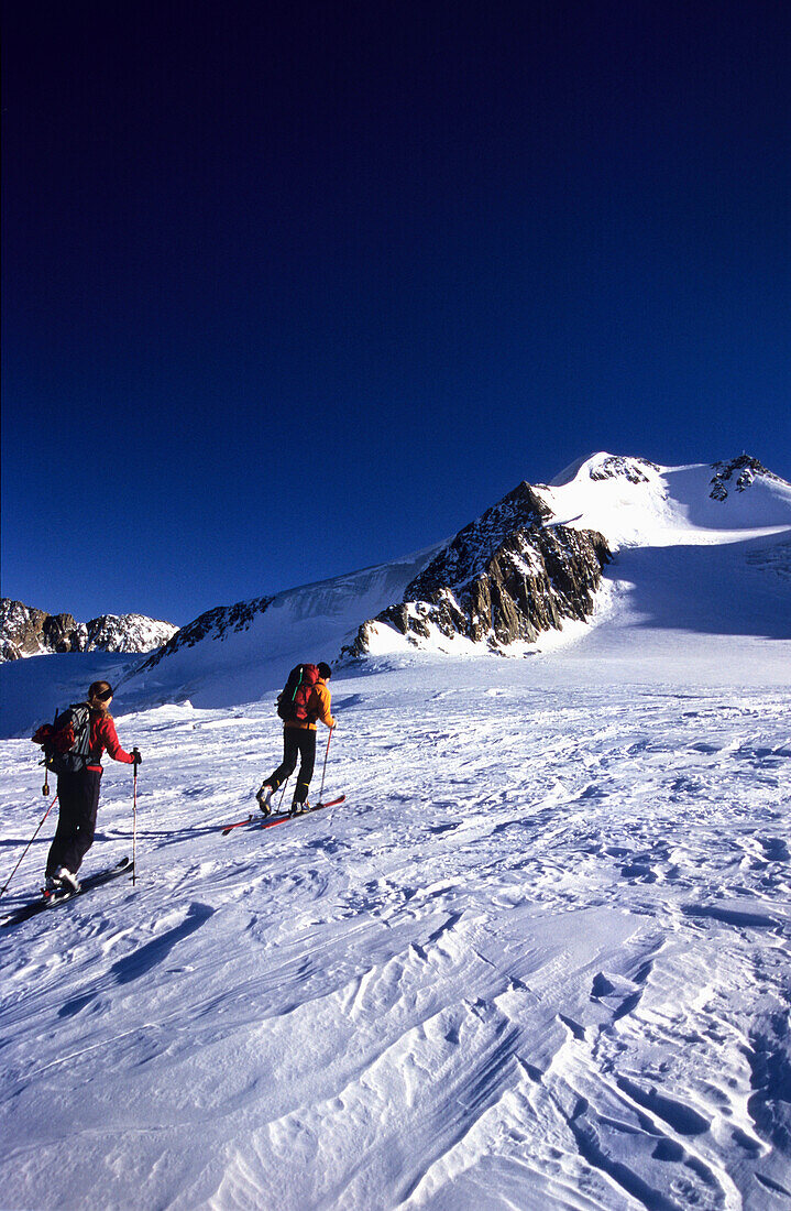 Couple on a Ski Tour, ascending the summit of Wildspitze, 3768 m, Tyrol, Austria