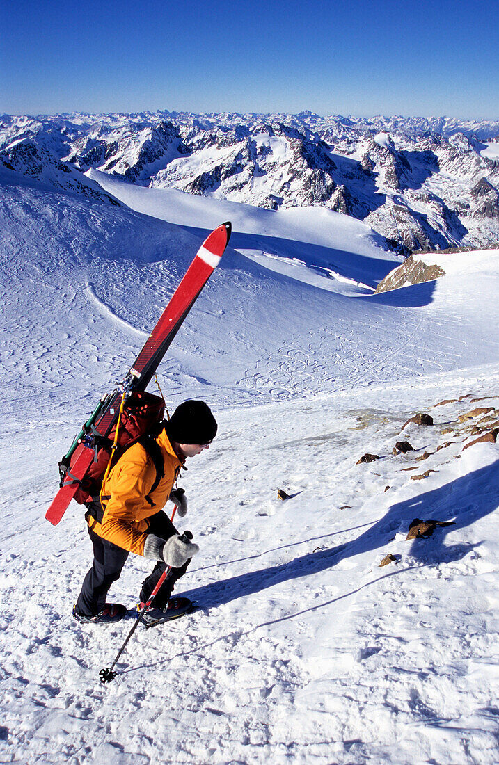 Man on a skitour ascending the summit, Wildspitze, 3768 m, Tyrol, Austria