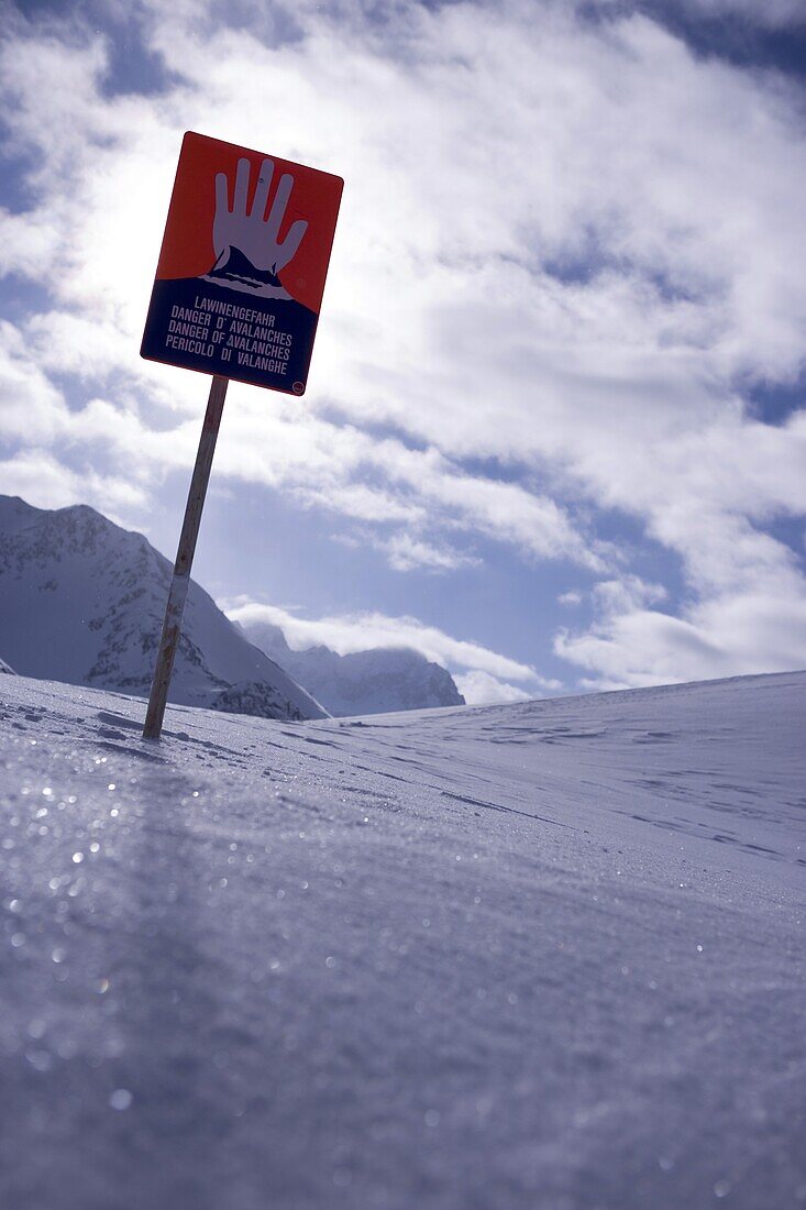 Warning sign for avalanches, Kuehtai, Tyrol, Austria