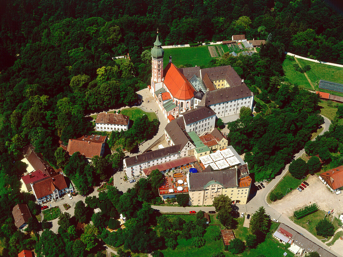 Luftaufnahme, Kloster Andechs, Oberbayern, Deutschland