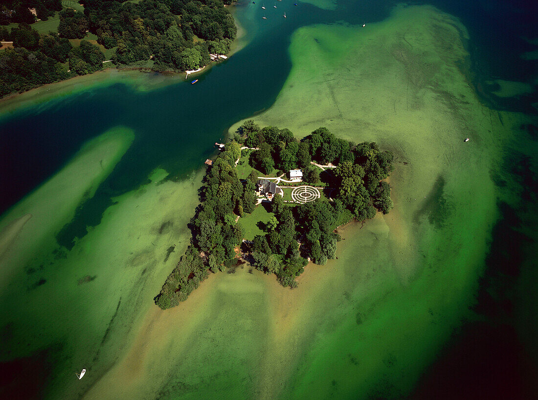 Aerial view of Roseninsel, Starnberger See, Upper Bavaria, Germany