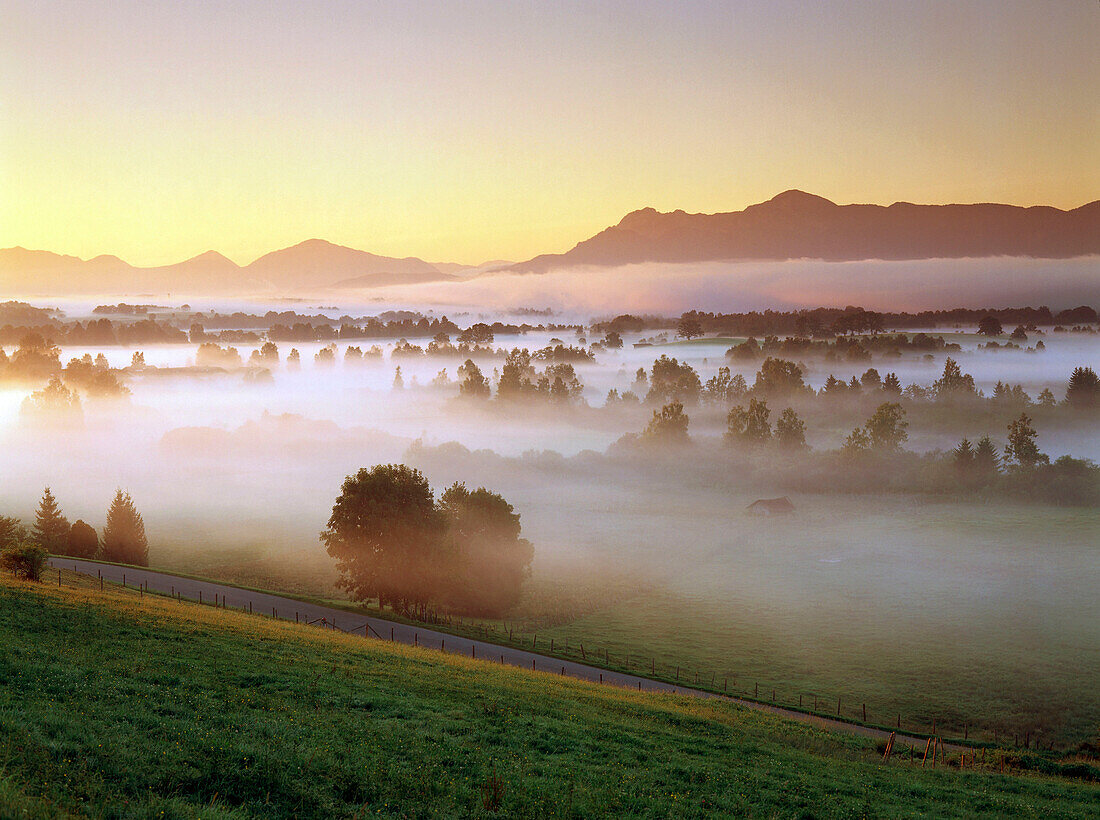 Misty landscape with Wetterstein Mountains, Upper Bavaria, Germany