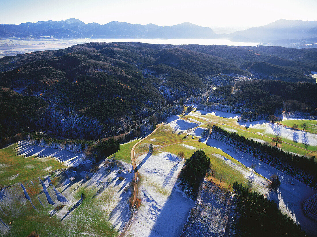 Aerial view of rolling landscape, alpine upland, Upper Bavaria, Germany