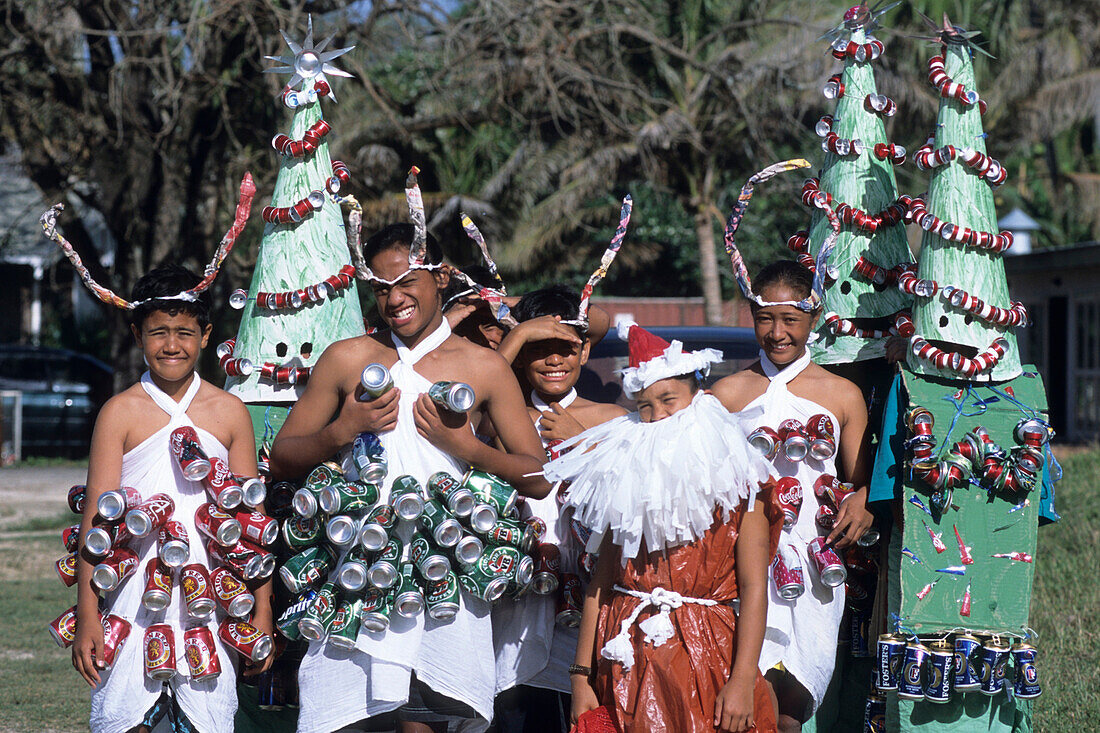 Christmas costumes made from recycled cans,Jingle Bells Fun Run, Avarua, Rarotonga, Cook Islands