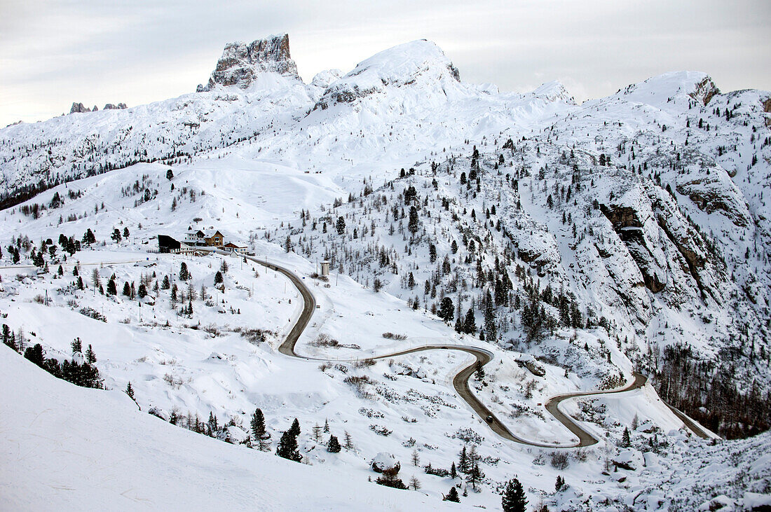 Winding road at Passo Pordoi, Dolomites, Italy