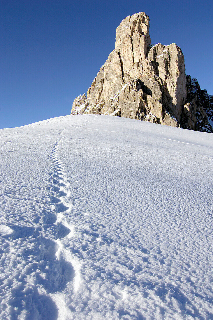 Footprints in snow, Gruppo della Narmolada, dolomites, Italy