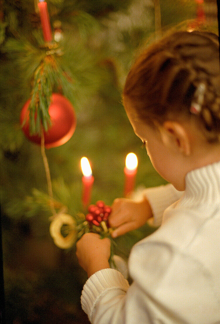 Girl (3-4 Years) decorating Christmas tree, hanging bauble on branch