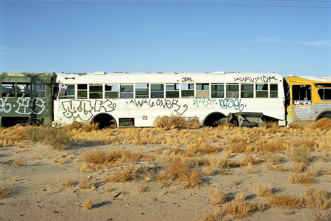 Buses, junkyard, Mojave Desert, California, USA