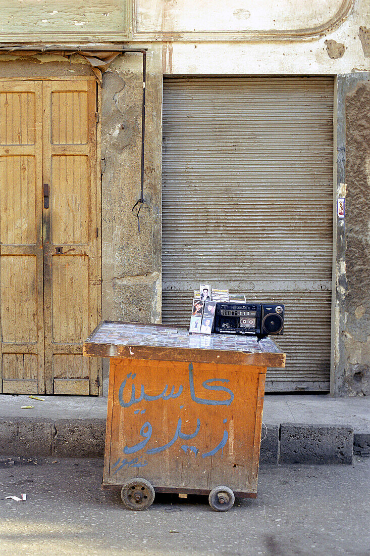 Sales booth with cassette player, Luxor, Egypt