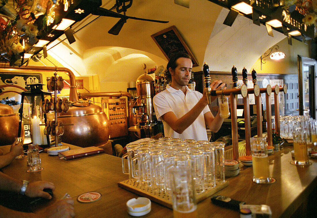 Barmann schenkt Bier aus, Wirtshaus Hopfen, Bozen, Südtirol, Italien
