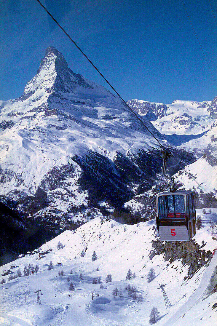 Overhead cable car in Zermatt, Vallais, Switzerland