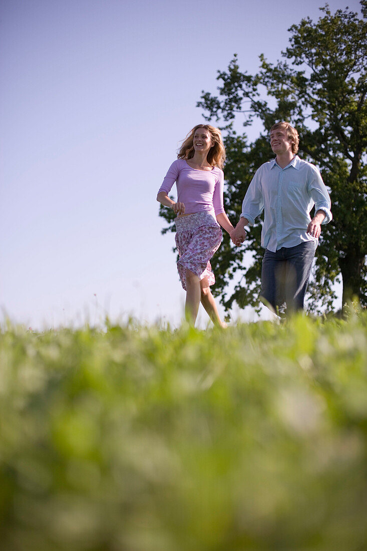 Couple running down on meadow holding hands