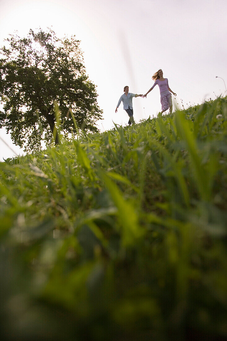 Couple running on meadow, hand in hand