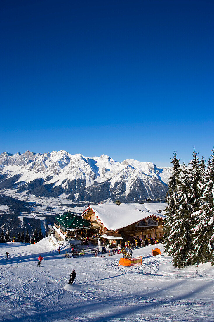 View over ski slope (Schafalm), Dachstein Mountains in background, Ski Amade, Styria, Austria, Planai, Schladming, Ski Amade, Styria, Austria