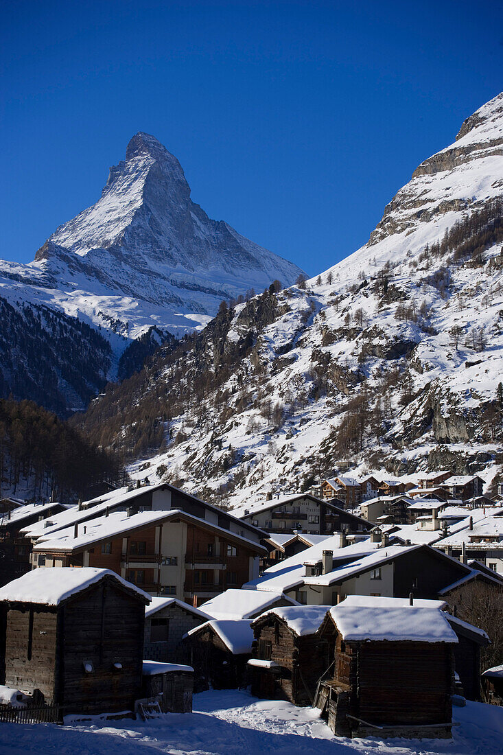 Winterly Zermatt village with the Matterhorn (4478 metres) in the background, Zermatt, Valais, Switzerland