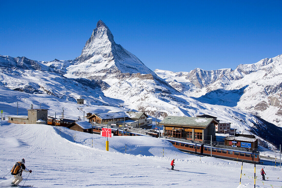 The Matterhorn and mountain railway lines on Riffelberg, Zermatt, Valais, Switzerland