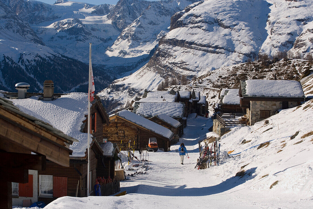 View along a snow covered way in Findeln, Zermatt, Valais, Switzerland