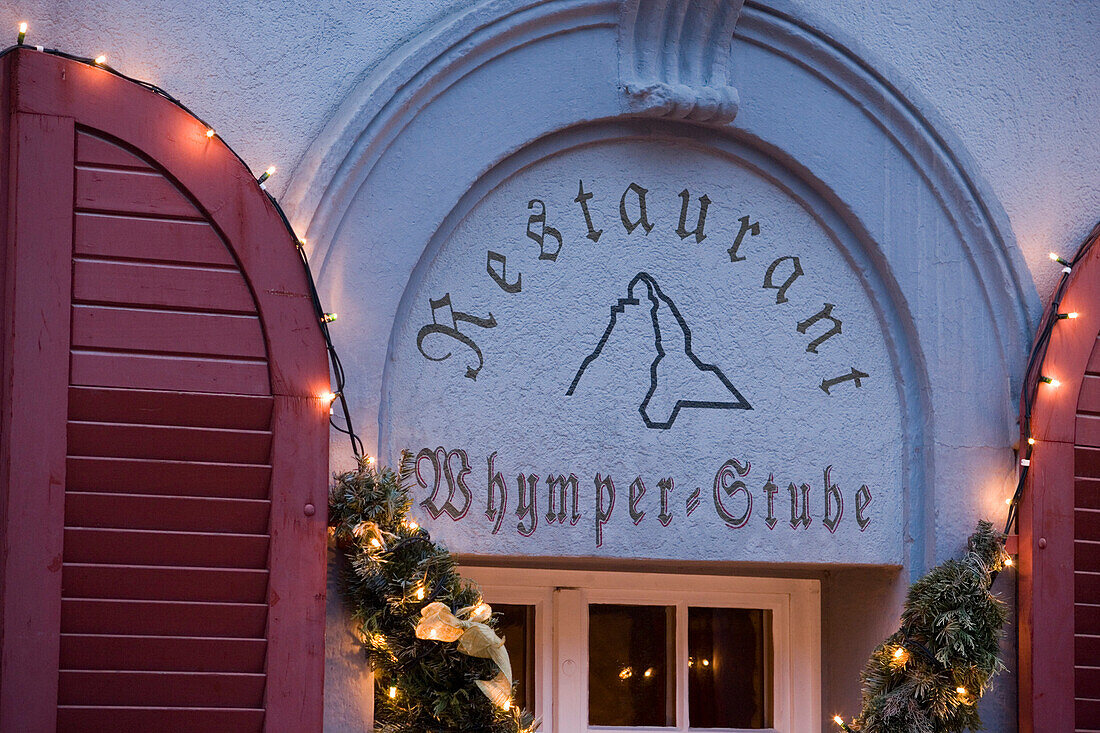Label of the restaurant "Whymper Stube", Bahnhofstrasse, Zermatt, Valais, Switzerland