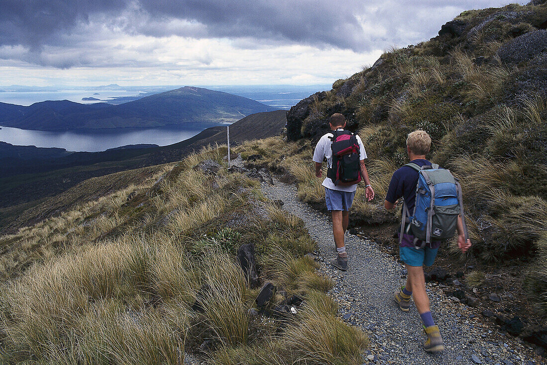 Two hikers, Lake Rotaira, Northern Crossing, lTogariro Park, Nord Island, New Zealand