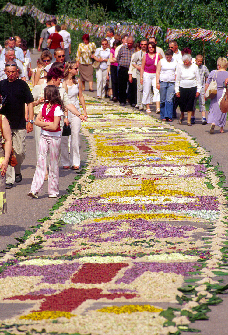 Blumenteppich für Fronleichnam in Spicimierz bei Lodz, Polen