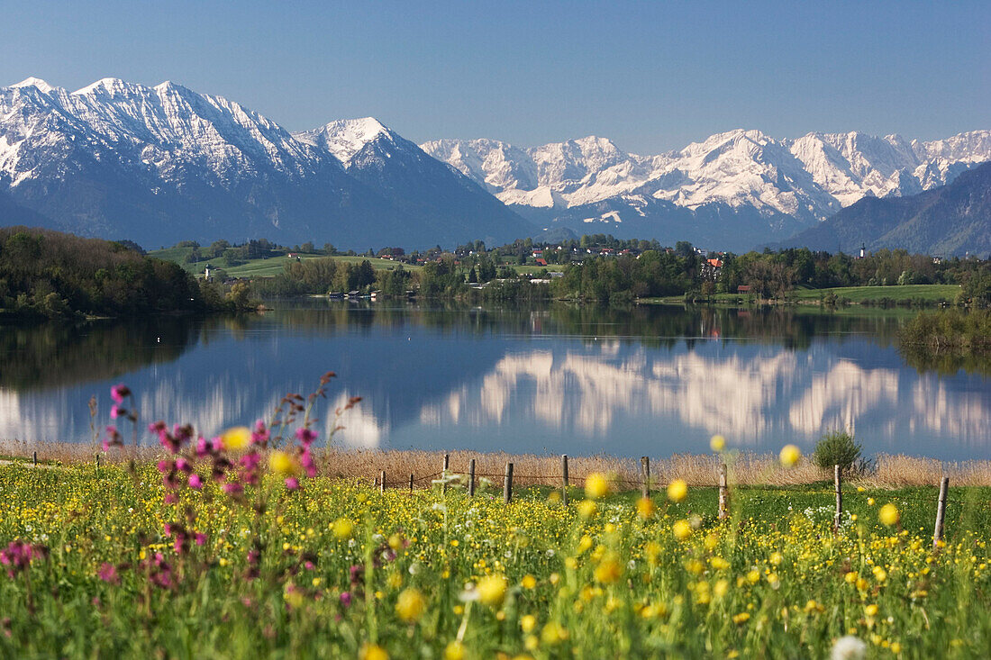 Riegsee in front of Karwendel and Bavarian Alps, Upper Bavaria, Germany