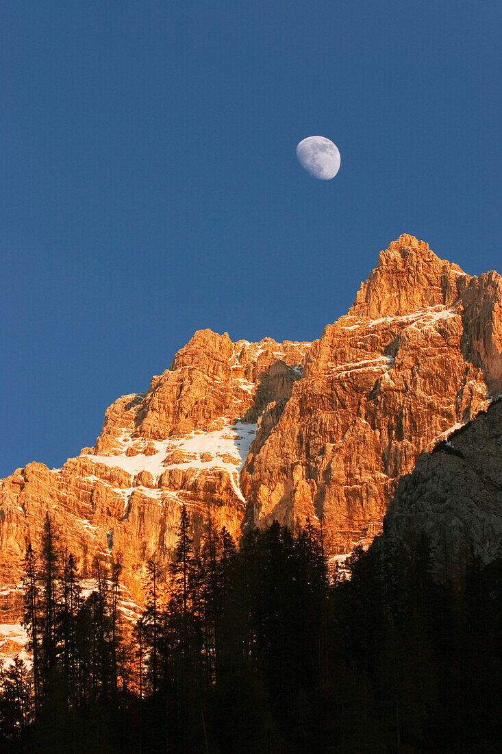 Alpenglow in the Karwendel mountains with moon, Larchetkar, Austria