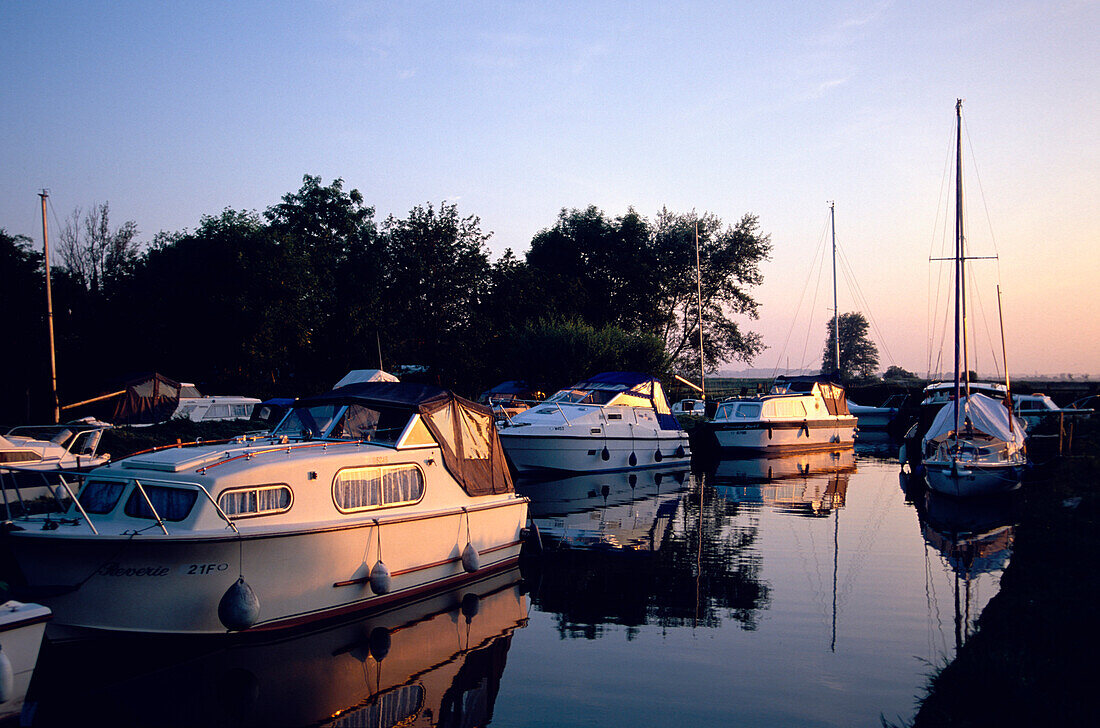 Leisure boats on canal, Norfolk Broads, England