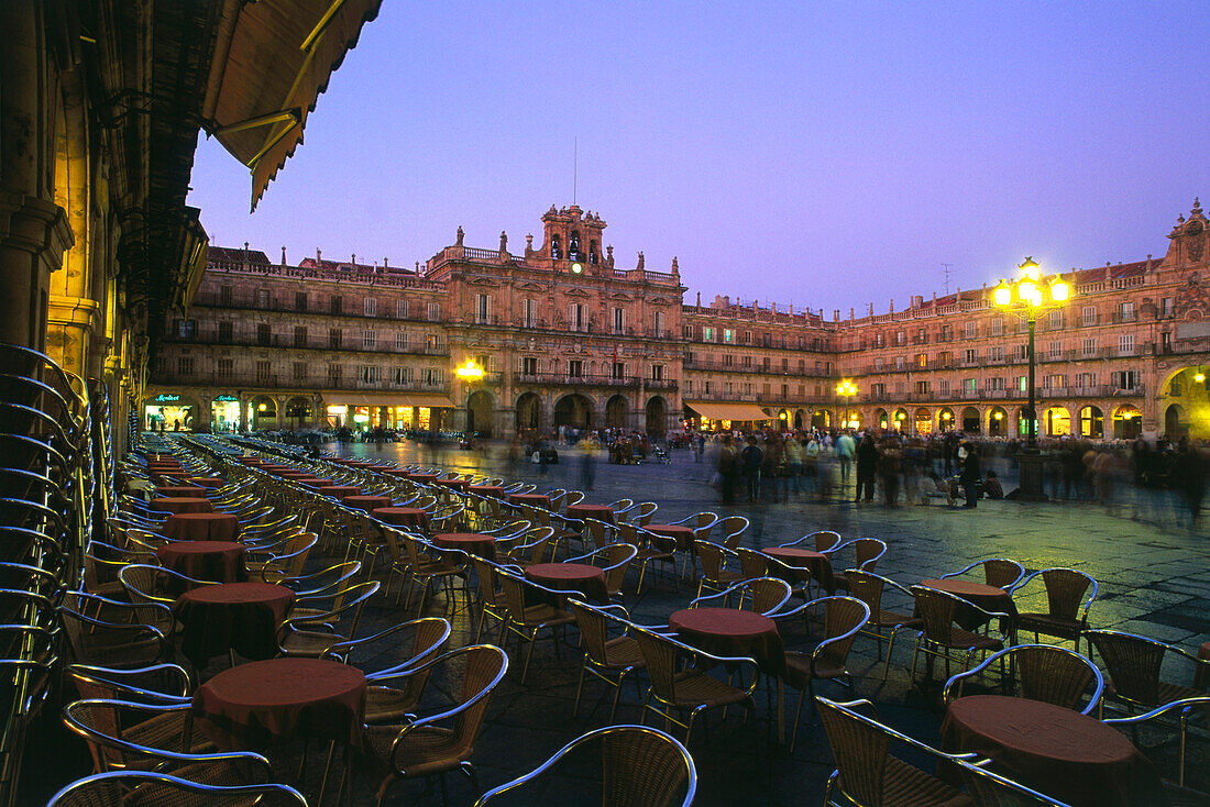 Bars and cafes on Plaza Mayor in the evening light, Salamanca, Castilla-Leon, Spain
