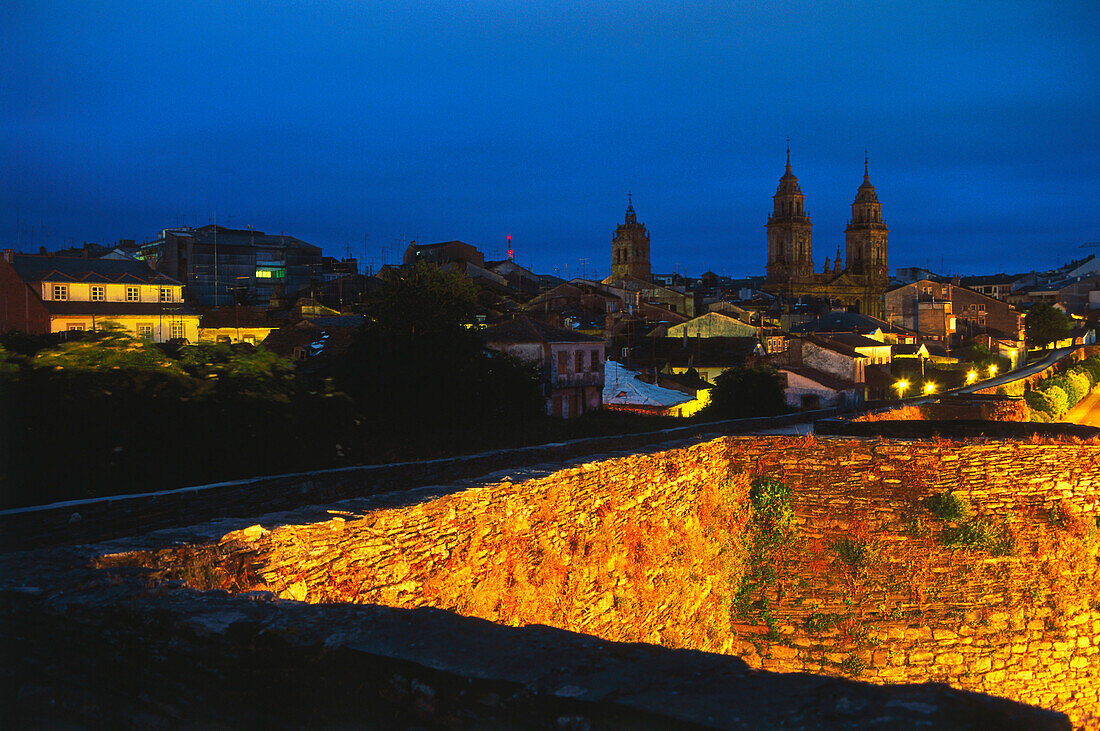 Roman city wall and cathedral,old town,Lugo,Galicia,Spain