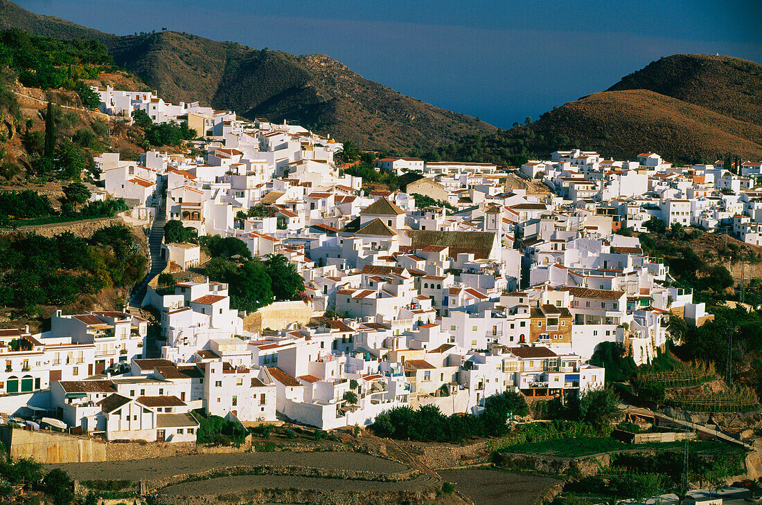 Blick auf weisses Dorf Frigiliana im Sonnenlicht, Andalusien, Spanien, Europa
