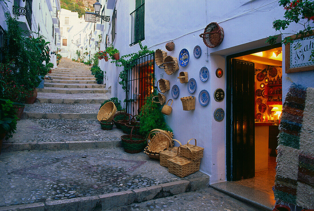 Handicrafts in an alley in Frigliana,white village,Province Malaga,Andalusia,Spain