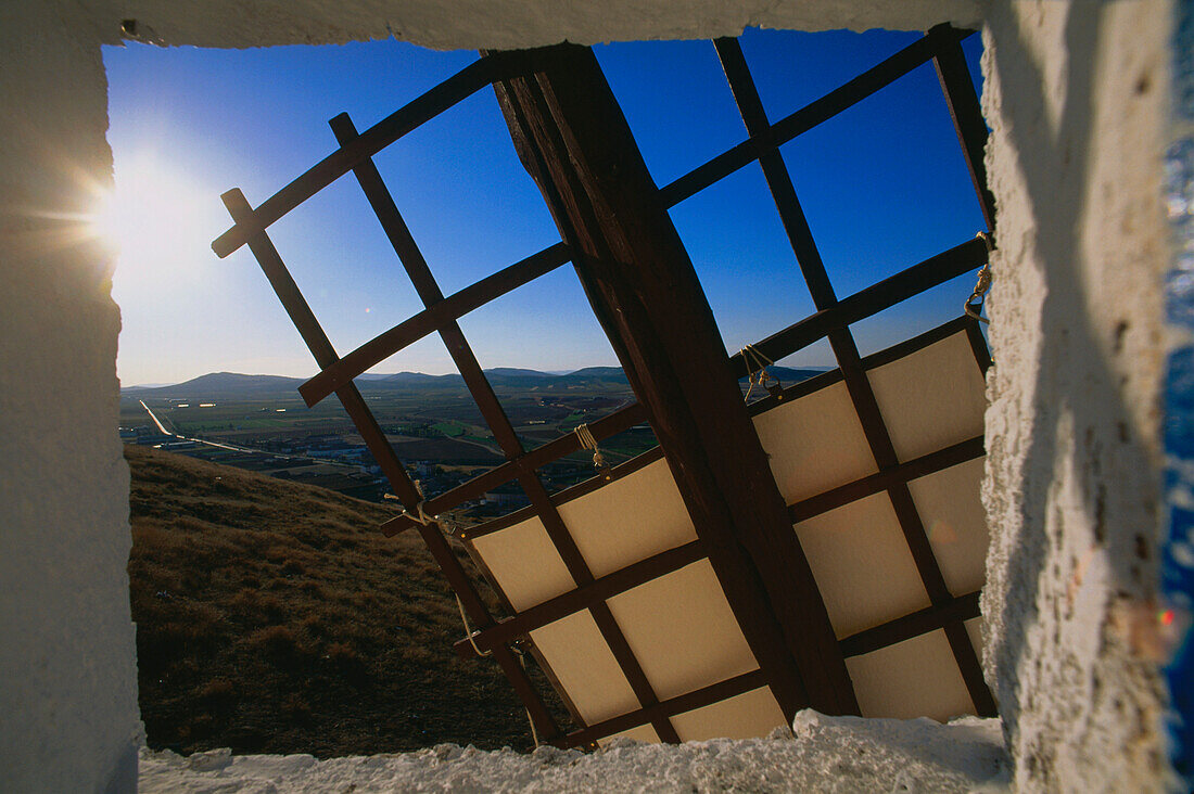 Blick aus der Windmühle Sancho,Consuegra,Provinz Toledo,Castilla-La Mancha,Spanien