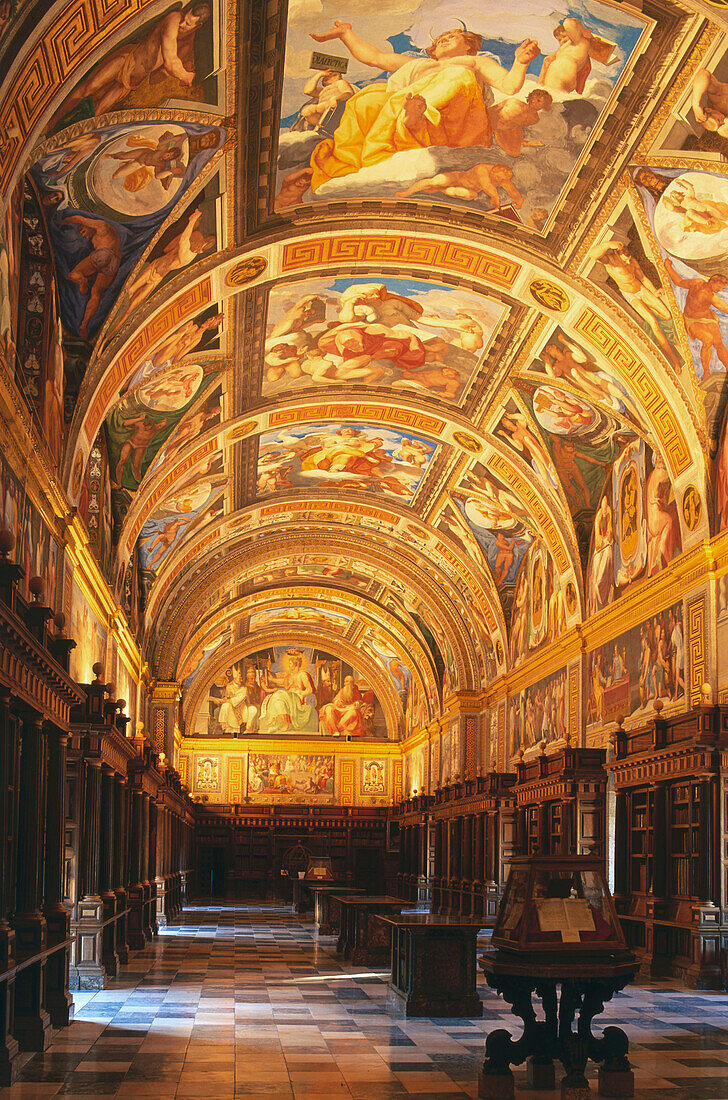 Library inside the monastery,Monasterio de El Escorial,Province Madrid,Spain