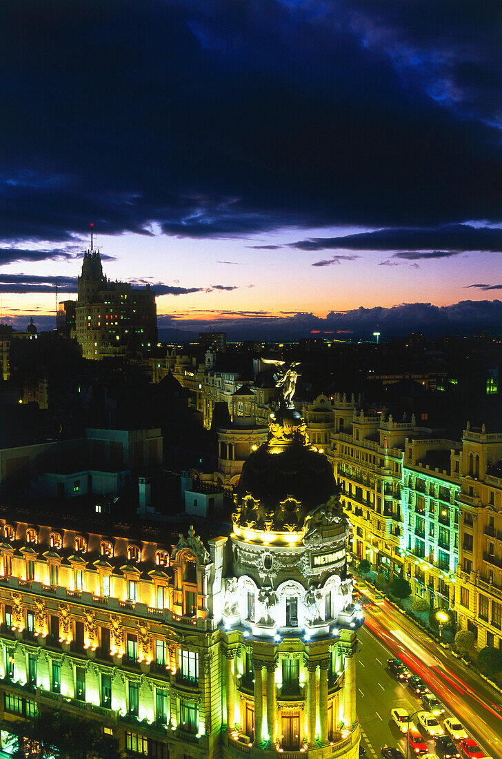 Gran Via and Edificio Metropolis,taken from the roof of the Circulo de Bellas Artes,Madrid,Spain